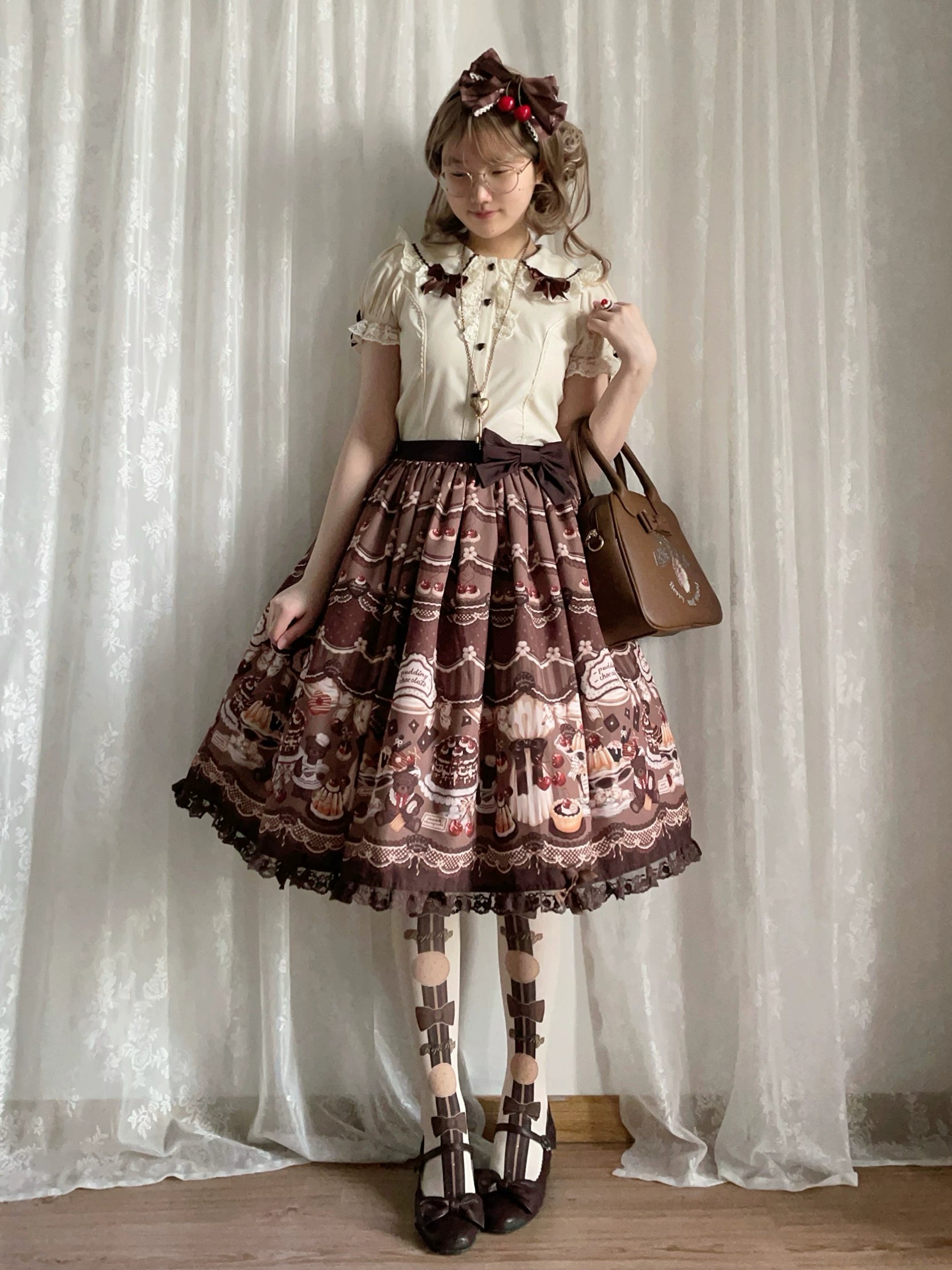 Cherry Choco Bear - Kawaii Lolita Elastic Skirt, Dessert and Cherry Print