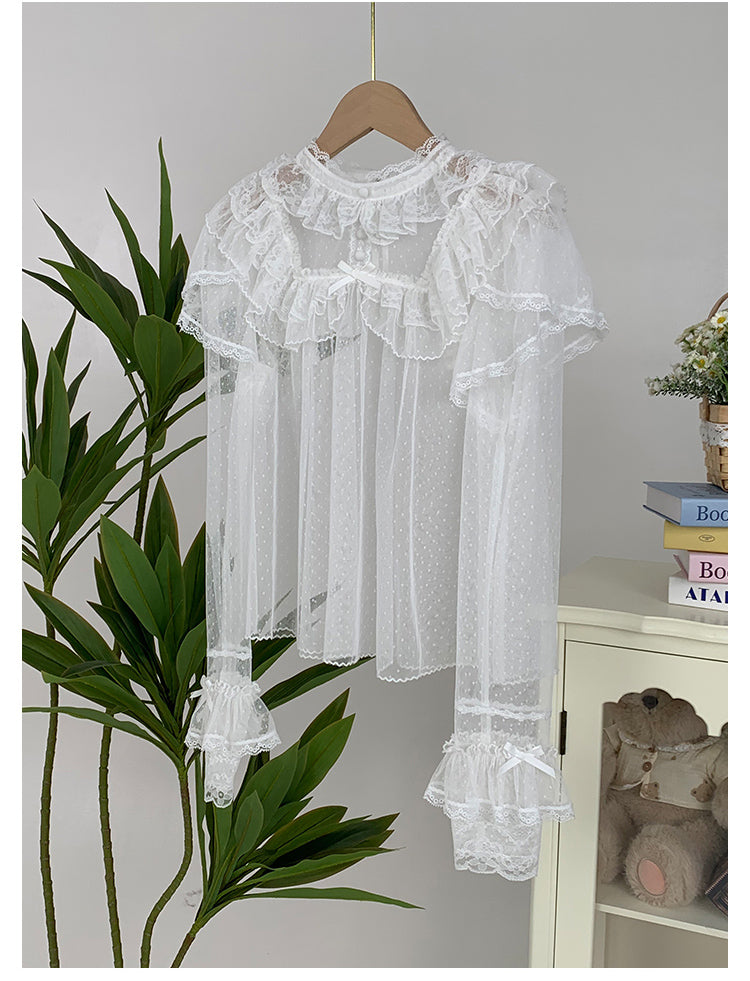 With PUJI~Letters and Poems~Summer Classic Lolita Shirt with Dotted Tulle and Long Sleeve 42792:753894