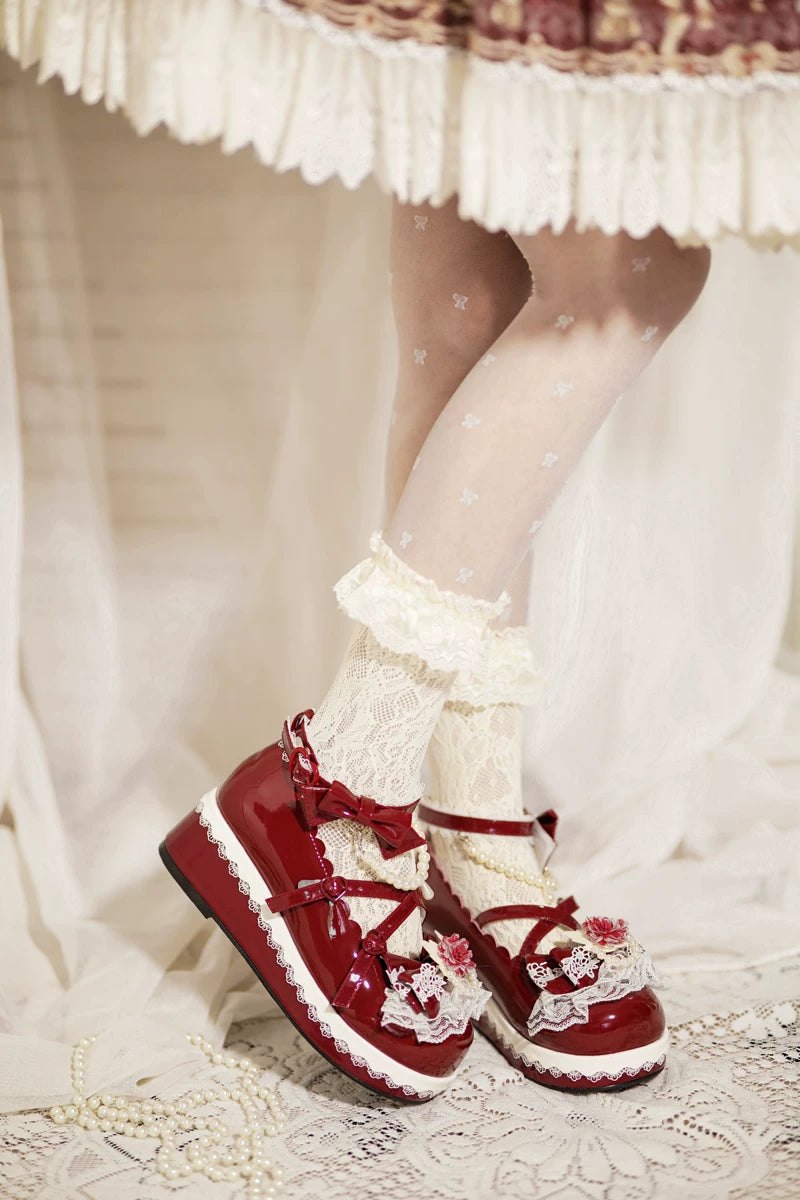 Pearl Floral Reverie - Sweet Lolita Shoes, Detachable Pearl Chain and Floral Accent 45531:852224