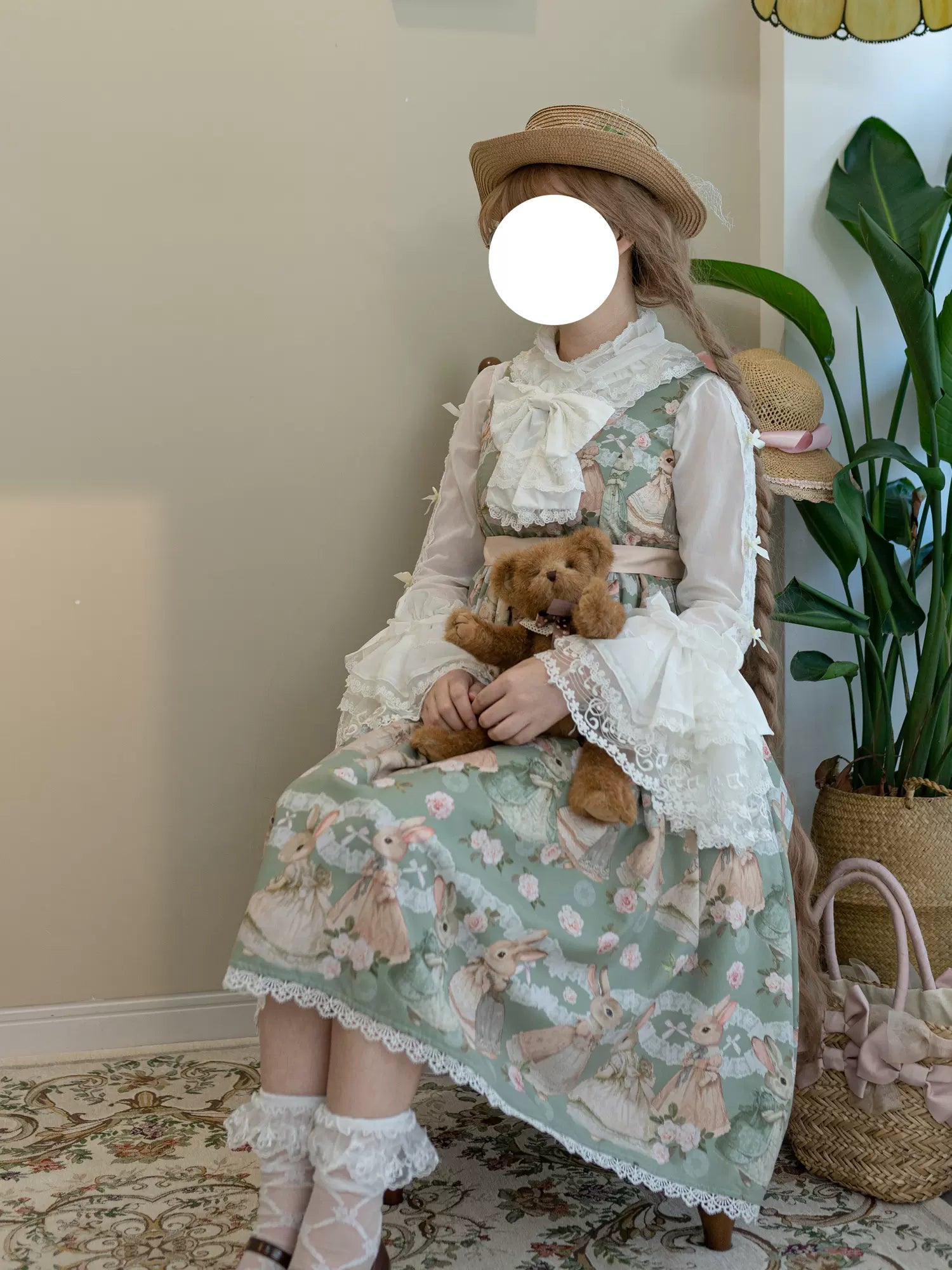 Fruit and rice - Tea Break Rabbit - Vintage Lolita JSK Rabbit Print Multicolors M Green JSK Extended Version (Length 130 cm / 51.2 inches)