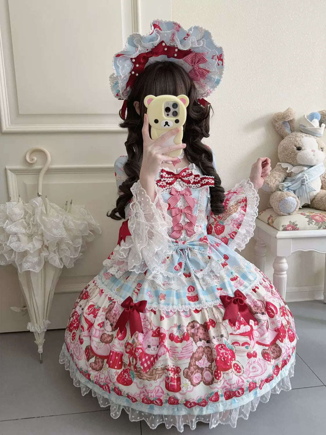 SweetBerry Bunny Bear - Sweet Lolita Hime Sleeve OP Dress, Strawberry and Bear Print