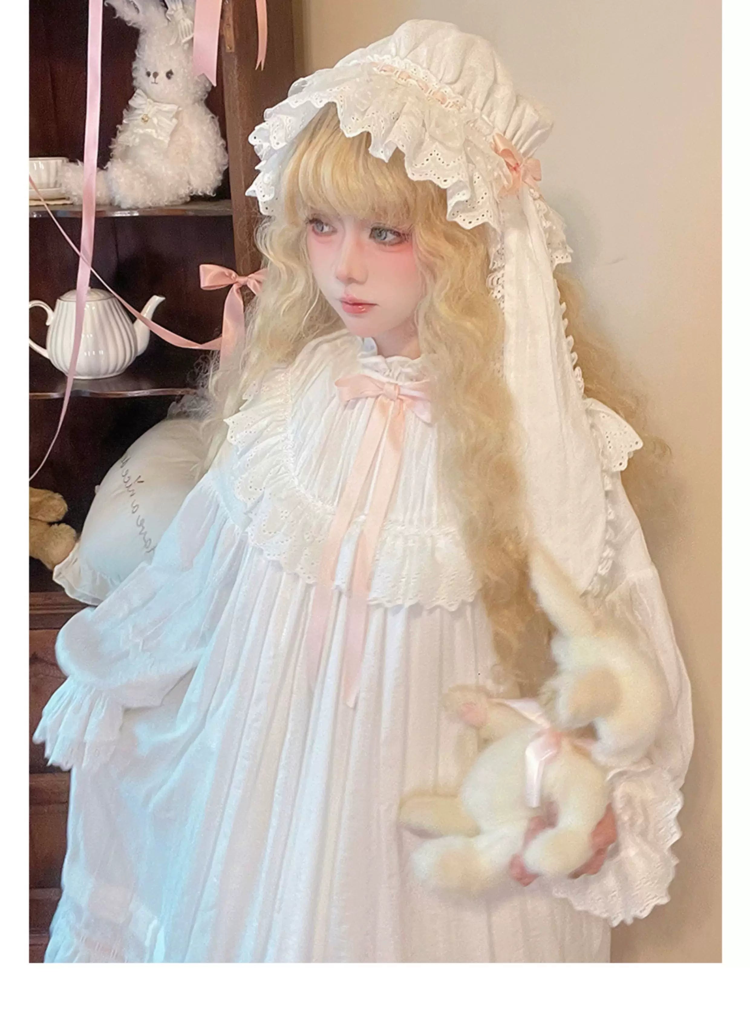 Lop-Eared Bunny Dream - Vintage Lolita Doll-like Nightdress, Ruffles & Bow