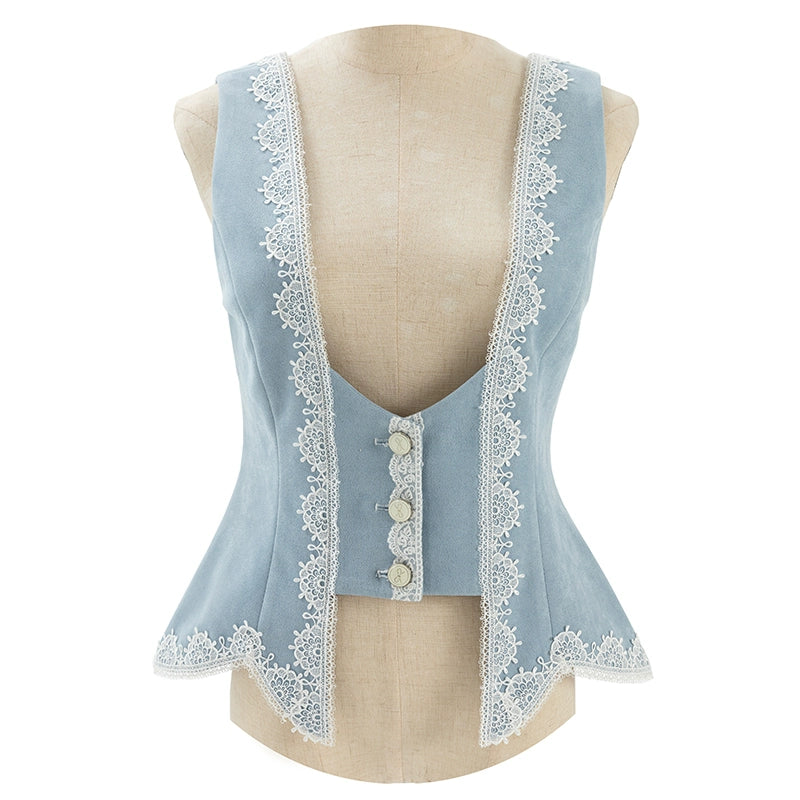 Polyhymnia - Miss Leisha - Classic Lolita Skirt Set Elegant Winter Cape S - haze blue vest