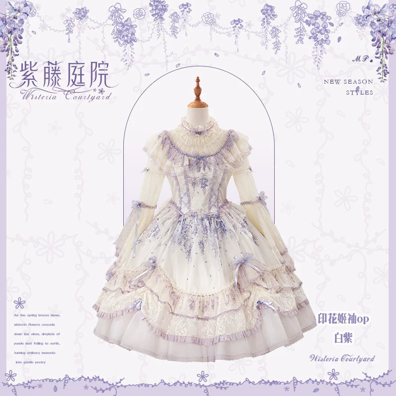 Wisteria Courtyard - Dreamy Purple Classic Lolita Dress, Wisteria Embroidery White and Purple - Printed Hime Sleeve OP Only XS