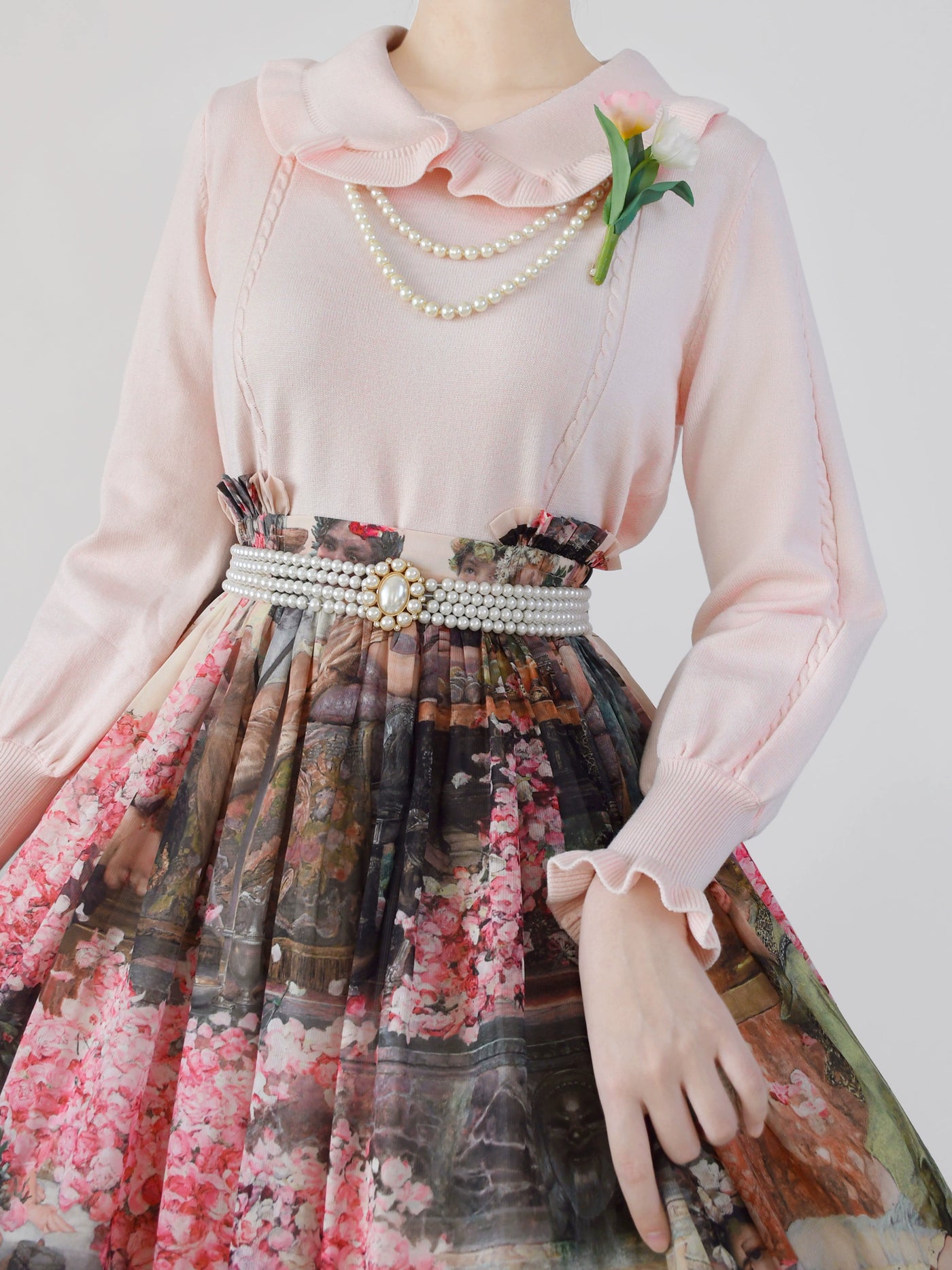 MIST~Japanese Style Lolita Sweater Puff Sleeves Knit Undershirt S light Pink 
