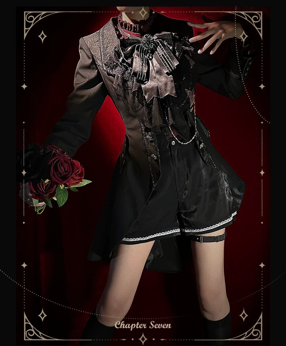 Chapter Seven - Jacquard Faux Two-piece Coat Set, Ruffled Collar Shirt