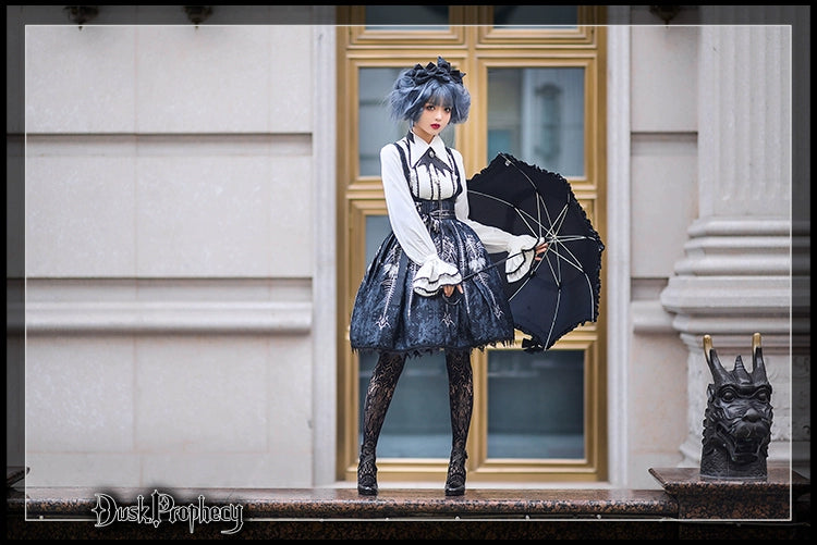 DuskProphecy - Coccyx - Elegant Lolita Dress High Waist Fishbone Print JSK Set 34722:466516
