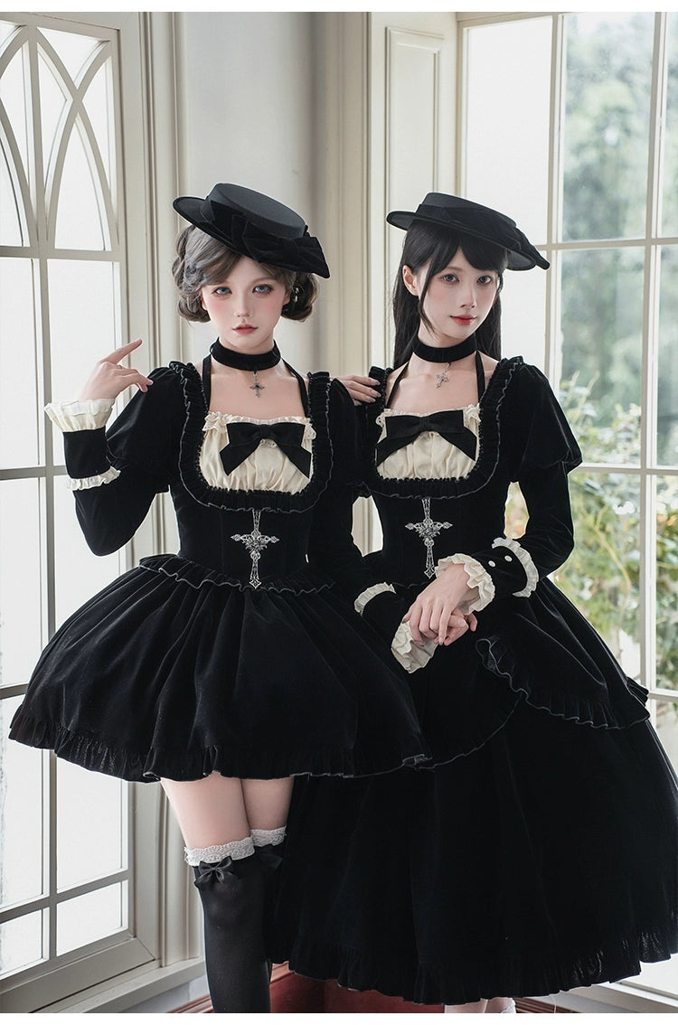With PUJI - Apocalypse - Gothic Lolita Velvet OP Dress Set, Fishbone Waist 44128:797110