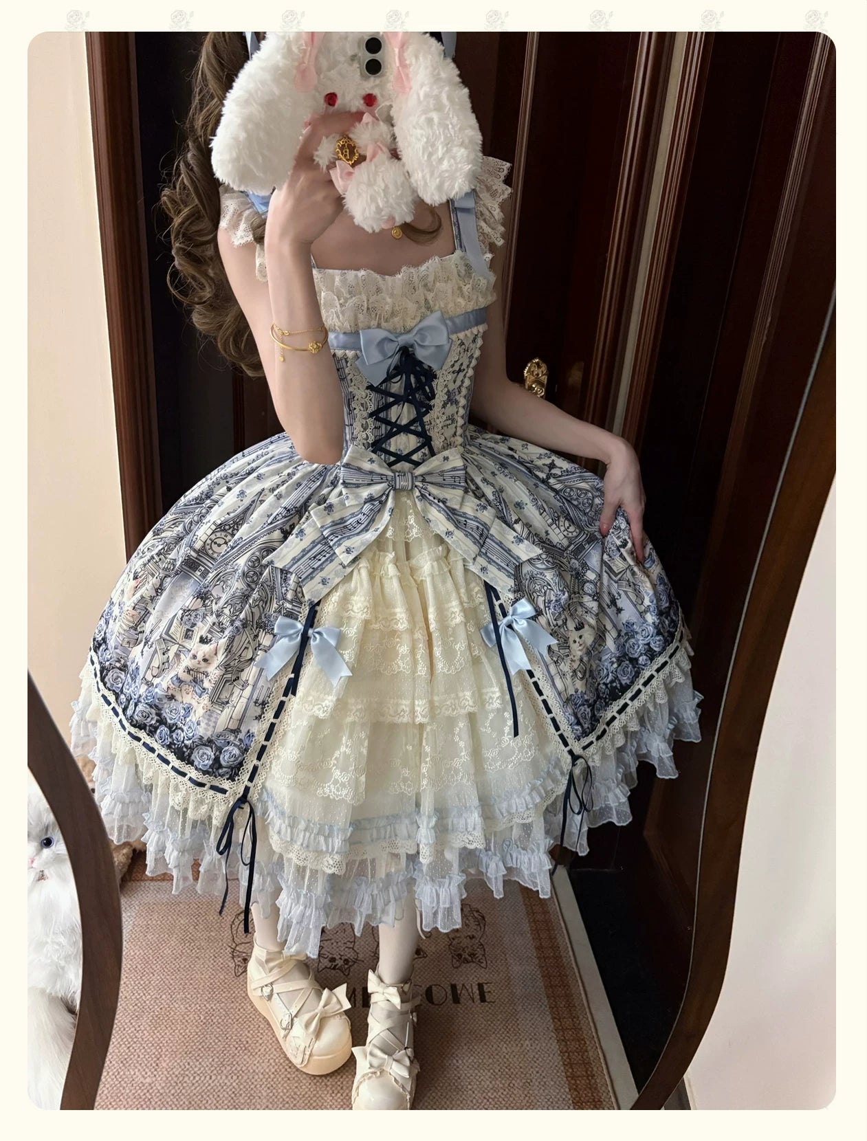 Glass Spire Melody - Cotton Lining Classic Lolita JSK, Cat and Musical Note Print 45586:852925