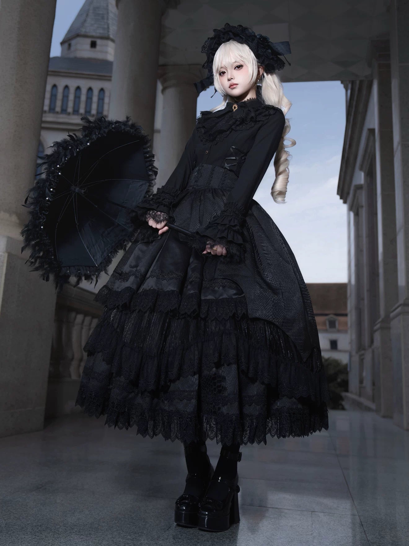 Broken Winged Bat - Gothic Lolita Shirt & SK Set, Bat-wing Shaped Hem 44706:824115