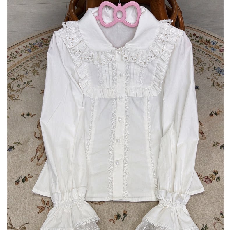 Frostgrain - Cotton Sweet Lolita Long Sleeve Blouse, Peter Pan Collar (White / L M S XL) 46094:874655