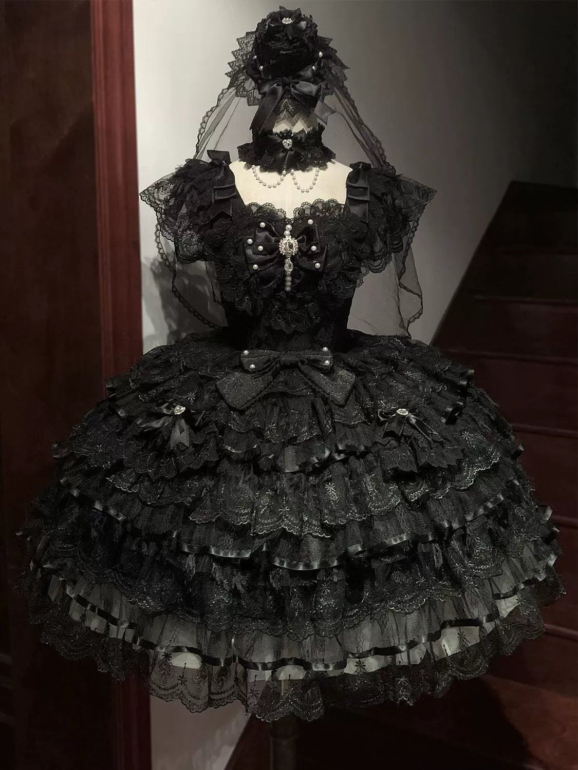Hanguliang - Feather's Ballad - Wedding Lolita JSK Dress, Tiered Ruffles Black JSK Only S