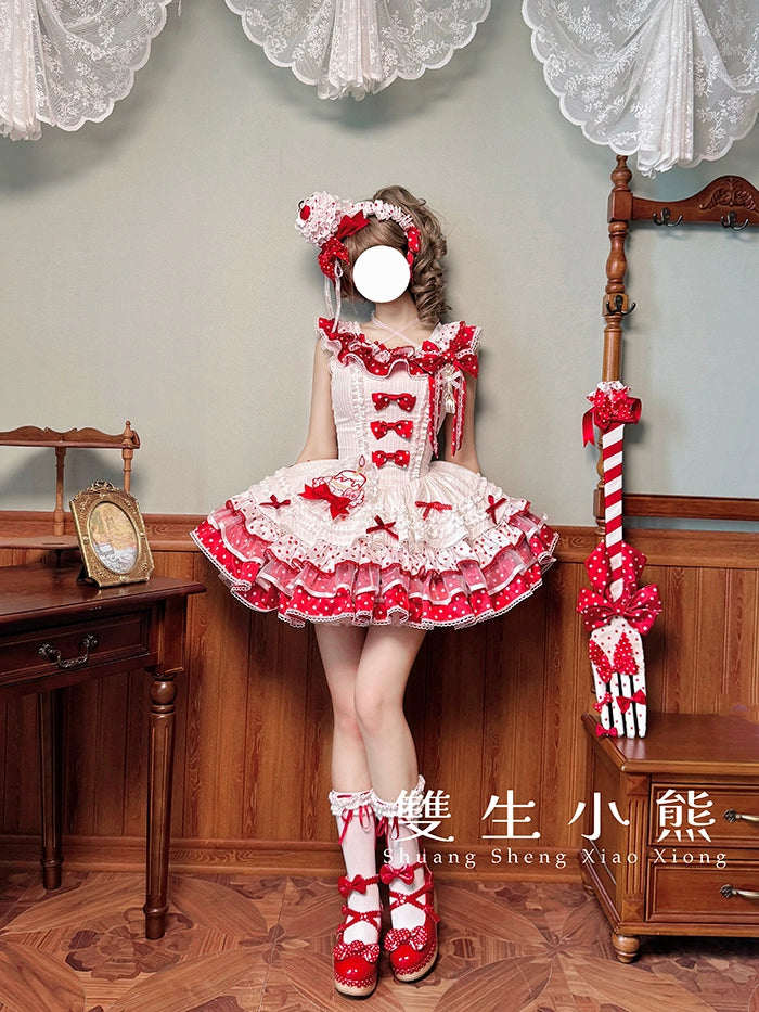 Shuang Sheng Xiao Xiong - Bite The Cake - Sweet Lolita Dress, Red & White Polka Dots 43600:780700