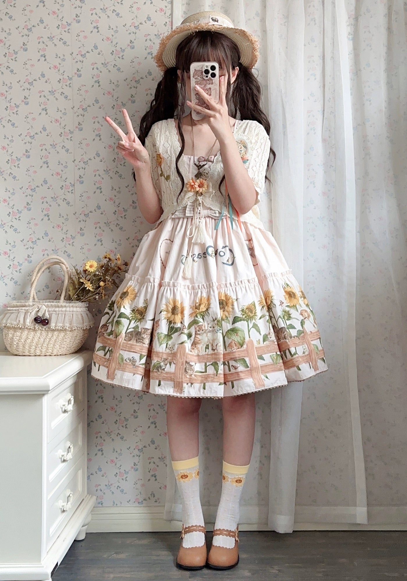 Polaris Lolita - Cat and Sunflower - Sweet Lolita JSK Cat and Sunflower Print Dress and Headdress Set 36738:526386
