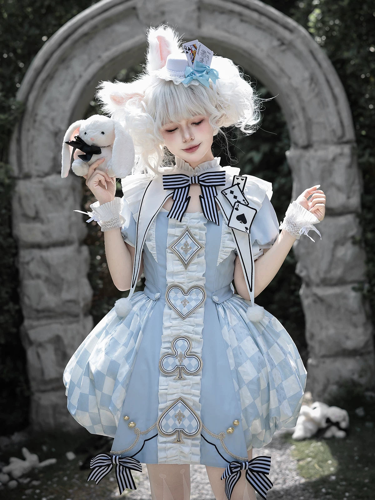 For Alice - Doll-like Lolita Jacquard OP Dress Set, Elastic Bubble Hem 45690:859647