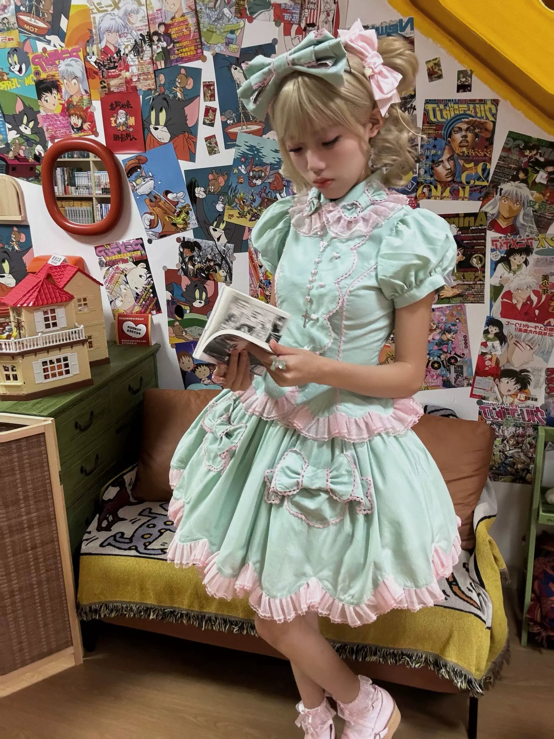 Summer Soda - Old School Lolita Mint Green SK Suit, Petal Hem & Bow