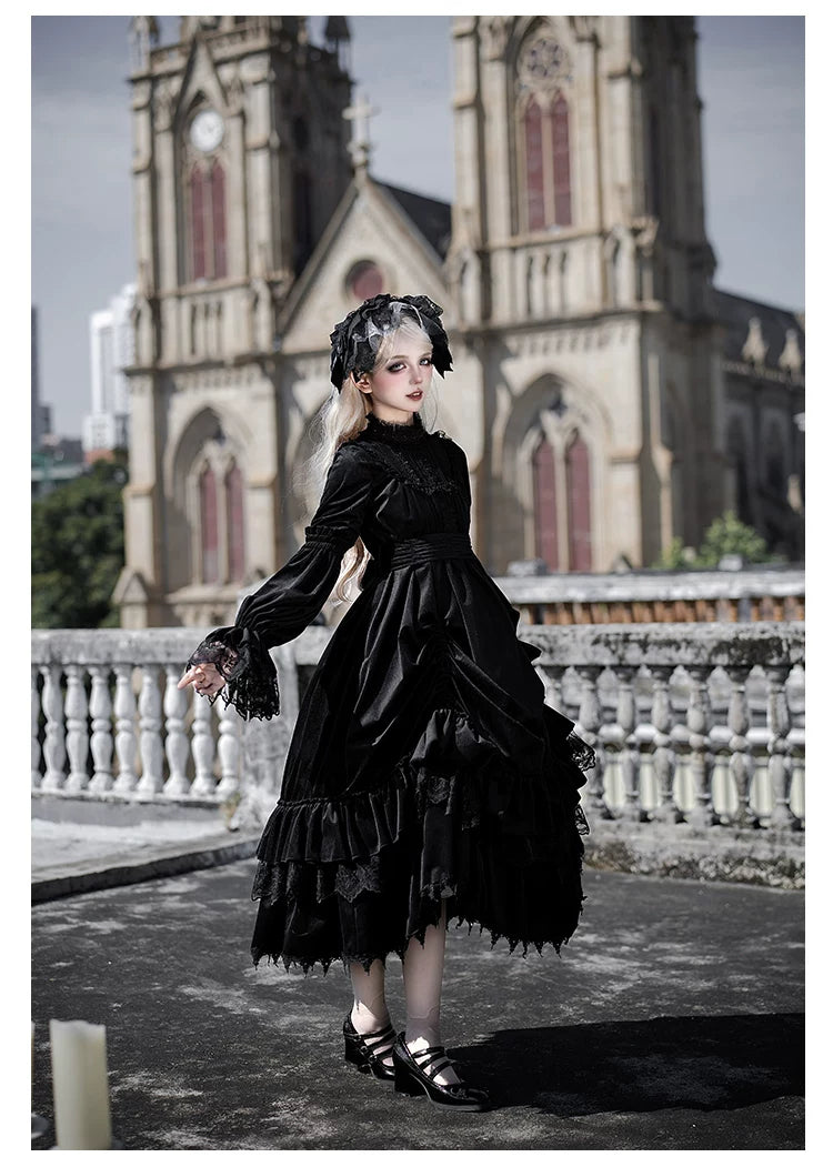 Dawn Bell & Dusk Song - Gothic Lolita Velvet OP Dress, Back Zipper