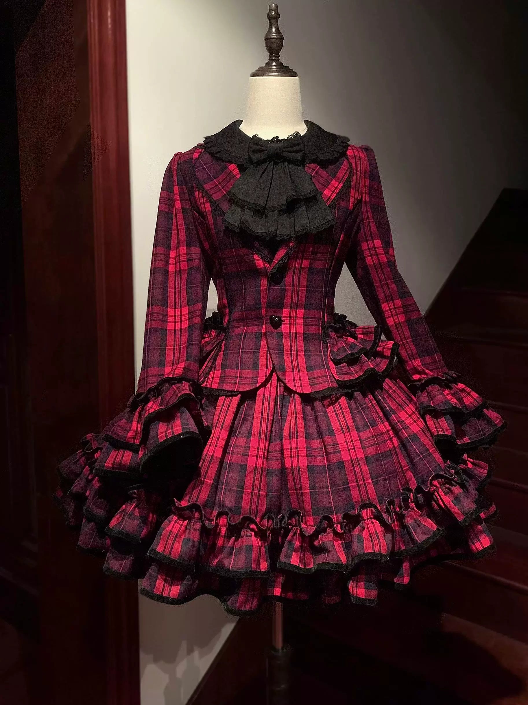 Chris's Notes - Old School Lolita Plaid Coat Set, Tiered Skirt Red Skirt (requires purchase as a set) S