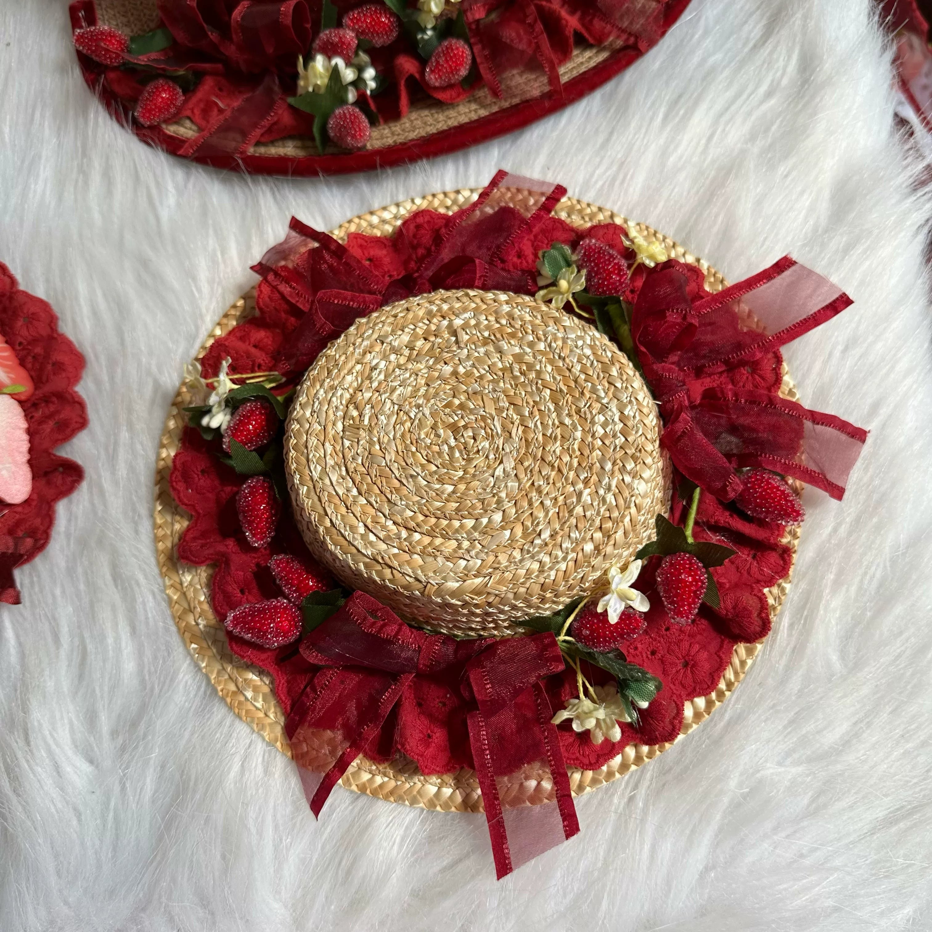 Red Sweet Lolita Headdress, Bows and Strawberry Pendants Straw Hat Only (with fixed clip)