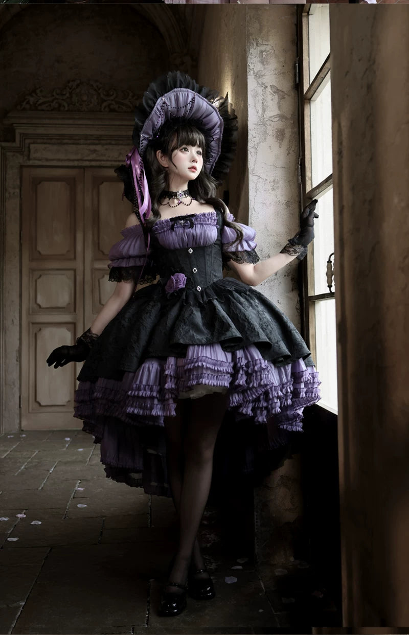 Rose Banquet - Gothic Lolita Boned Bust-supporting JSK Dress, High-low Hem 45815:863556