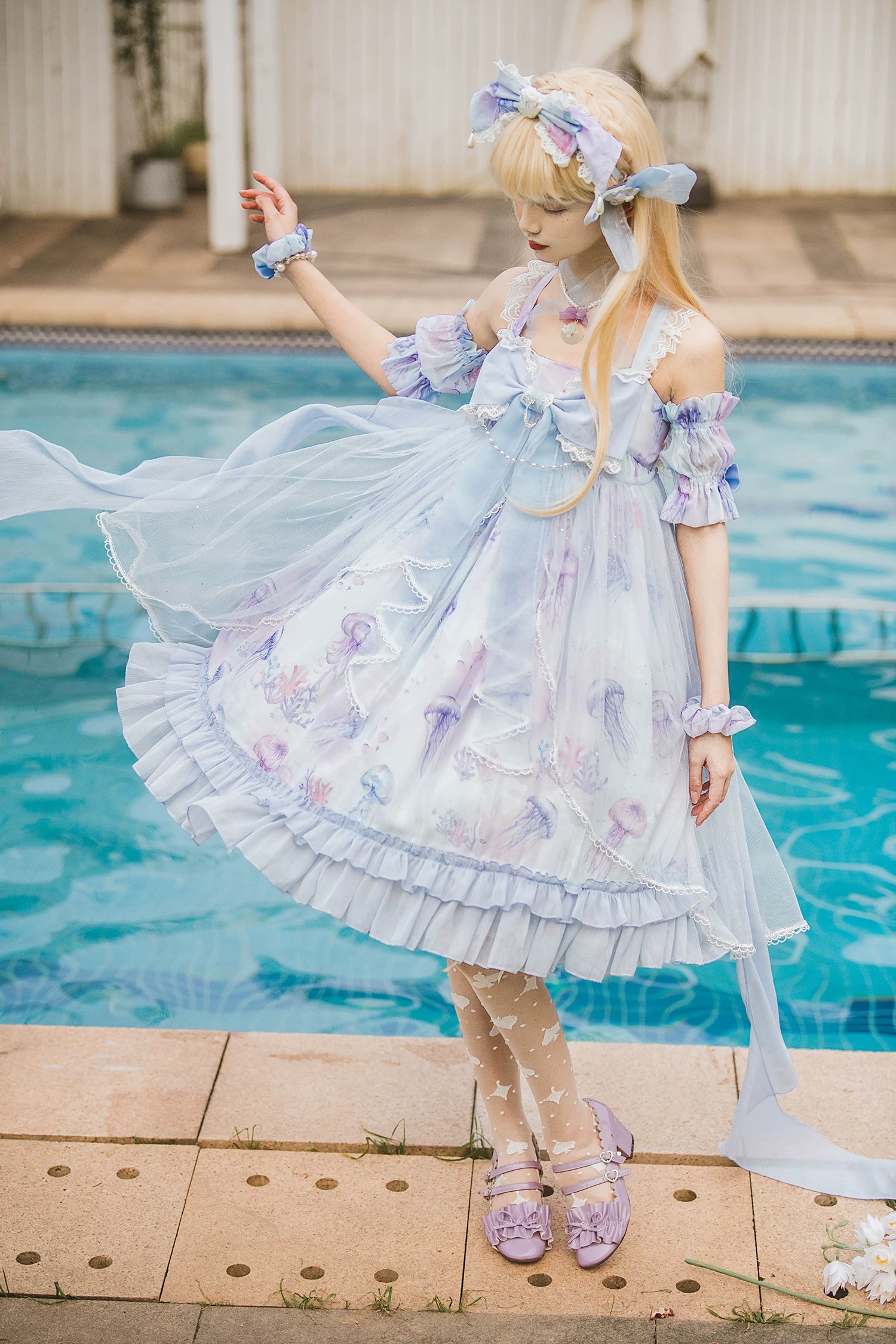 Coral Jellyfish - Sweet Lolita High-waist JSK Dress, Jellyfish & Coral Print 44906:827413