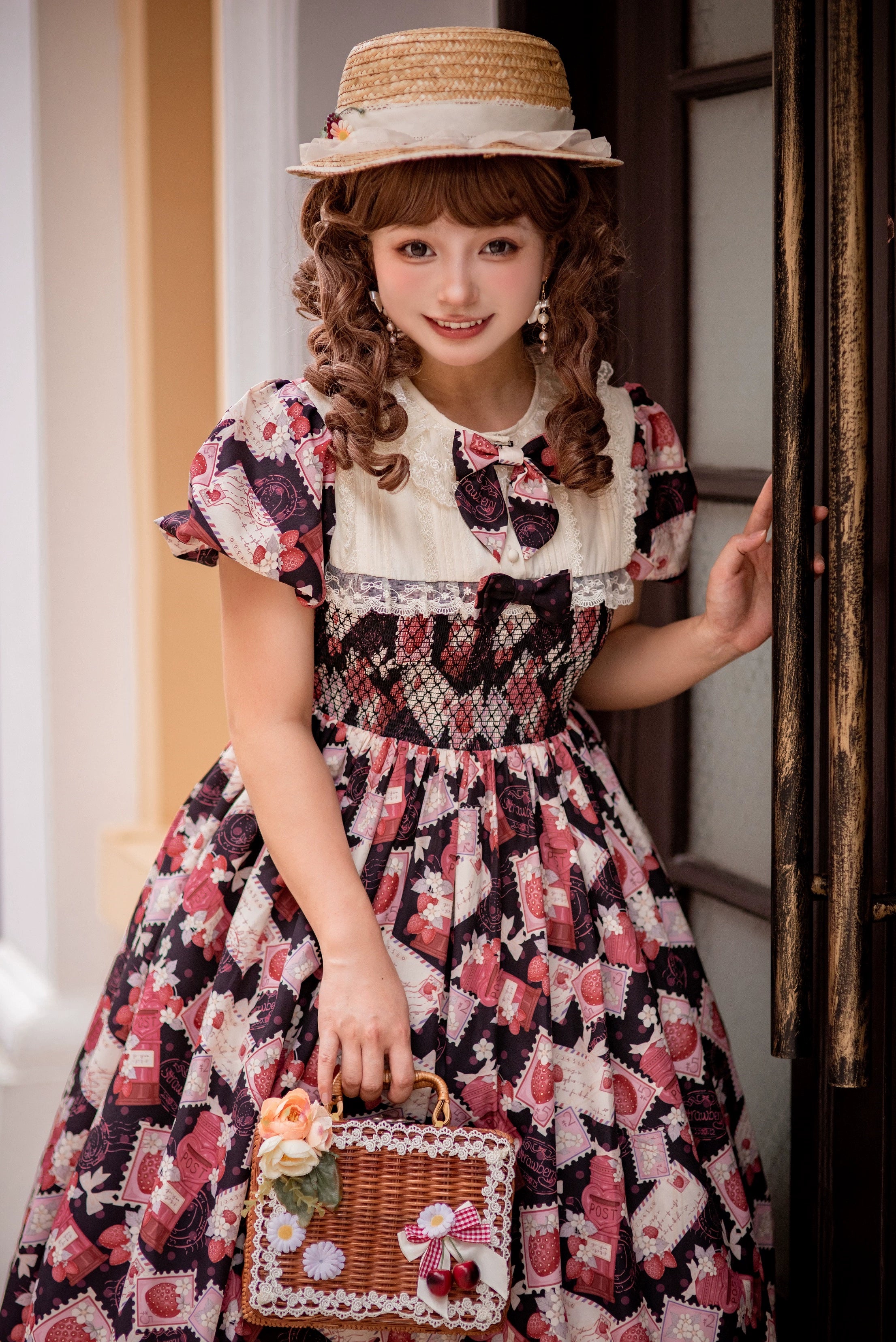 Strawberry Witch - Strawberry Stamp - Sweet Lolita OP Short Sleeve Lolita Dress S Red and black long OP