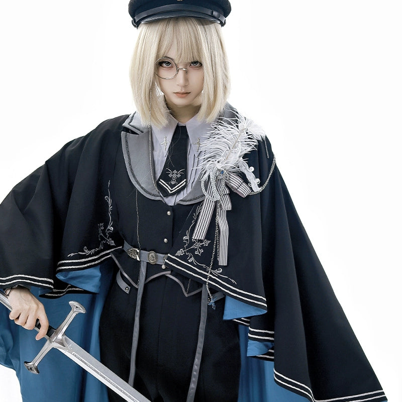 Dark Night Contract - Blue Military Lolita Pants Long Cape Couple Suit