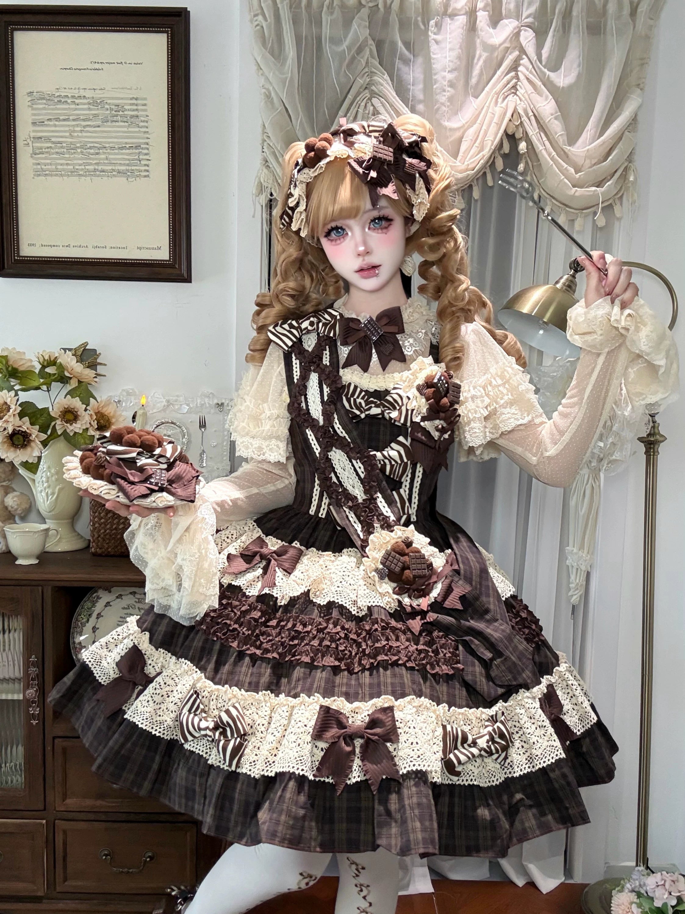 Coco Grace - Plaid Kawaii Lolita JSK Dress, Layered Ruffle & Bow