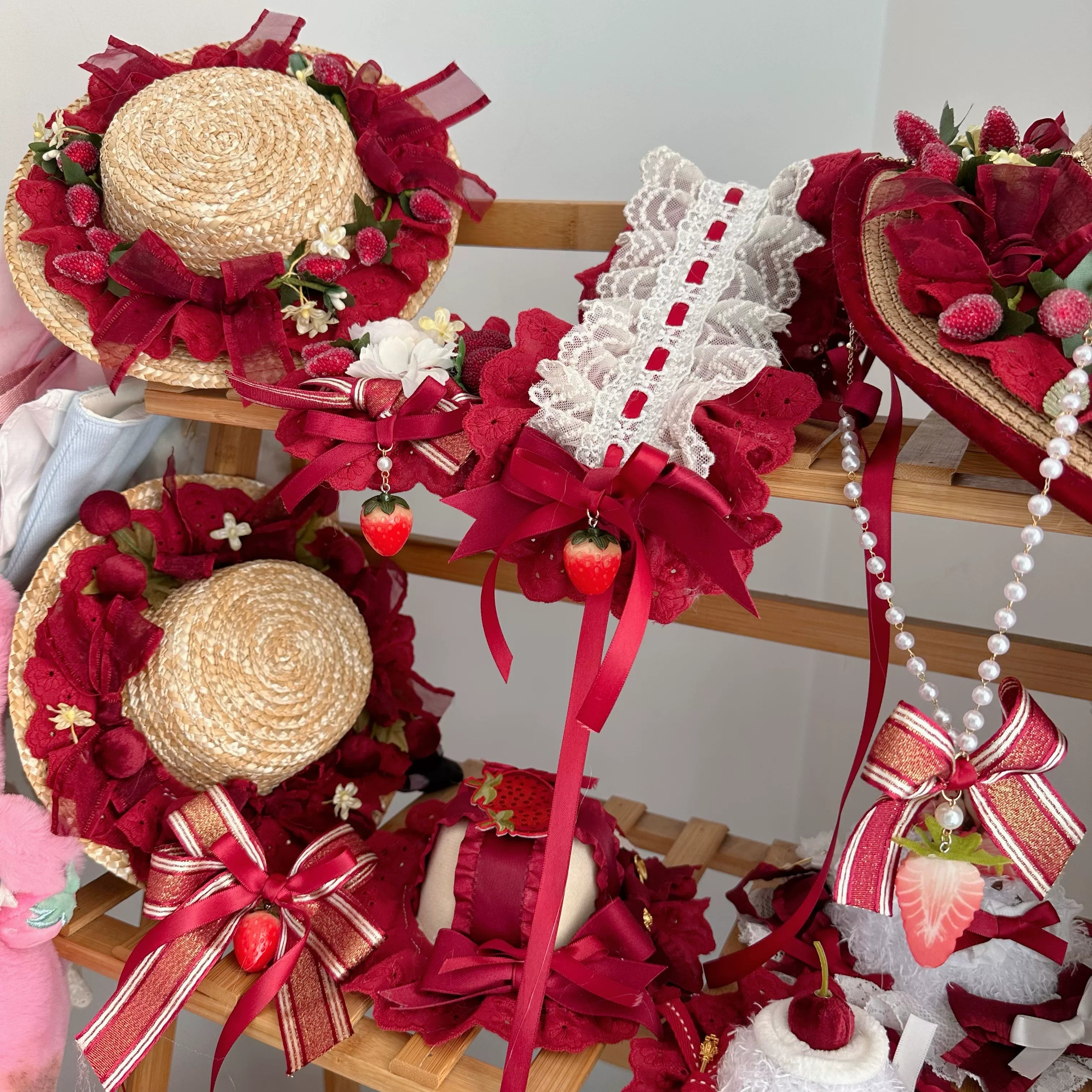 Red Sweet Lolita Headdress, Bows and Strawberry Pendants
