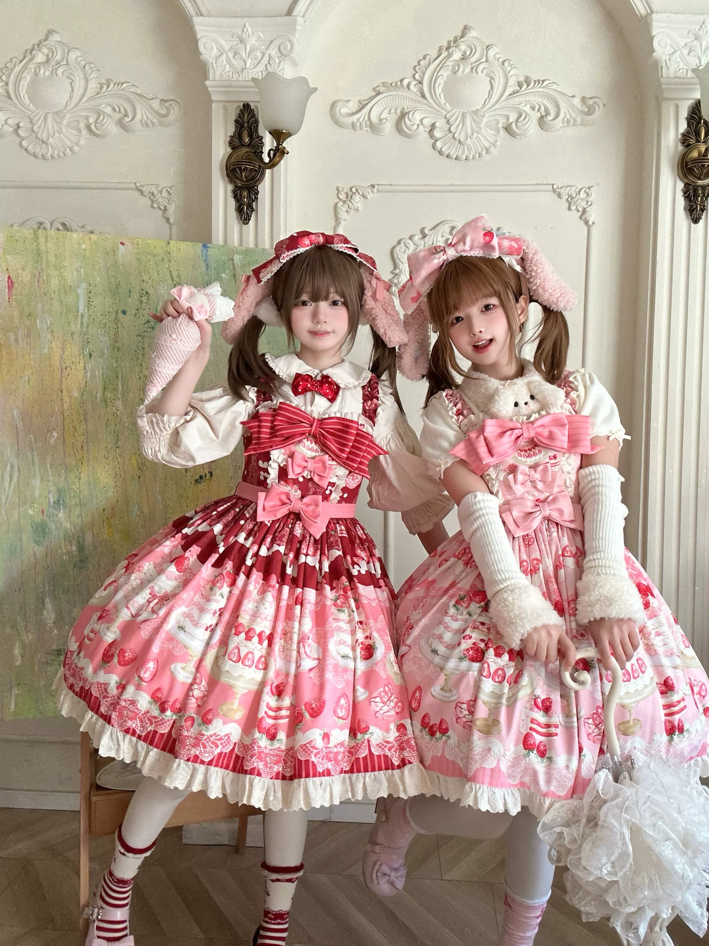 Strawberry Cake - Printed Sweet Lolita JSK Dress, Plush Bunny Ear KC