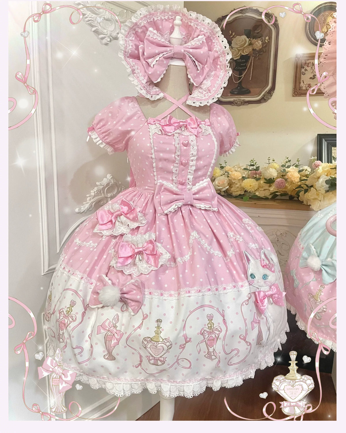 Perfume Kitty - Cotton Old School Lolita OP Dress, Perfume Print & Cat Patch 46037:873518