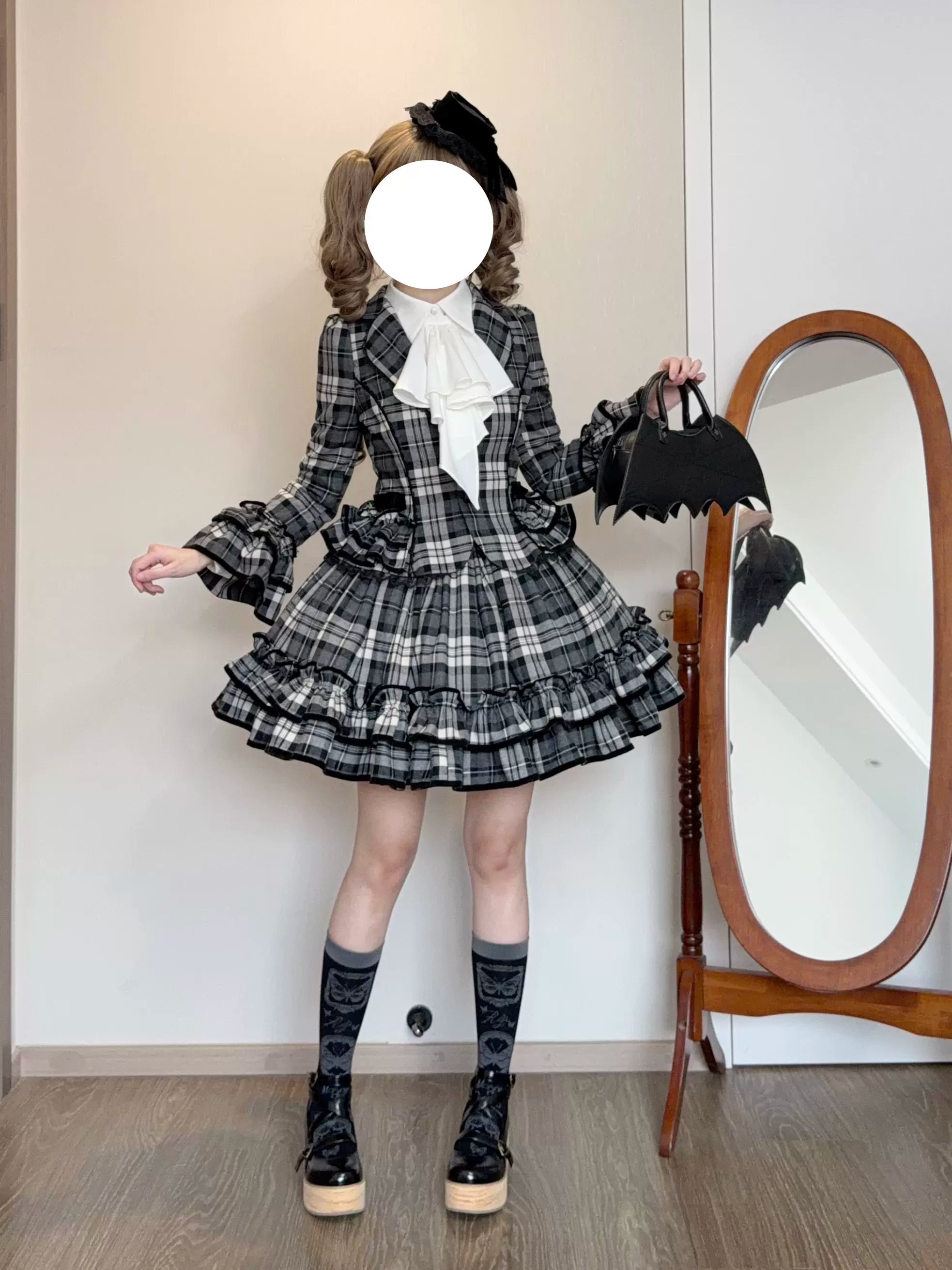Chris's Notes - Old School Lolita Plaid Coat Set, Tiered Skirt Black-white Skirt (requires purchase as a set) S