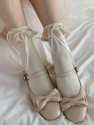 Roji Roji~Isabella~Sweet Lolita Lace Mid-Calf Socks Multicolors size ivory short socks with white ribbon 