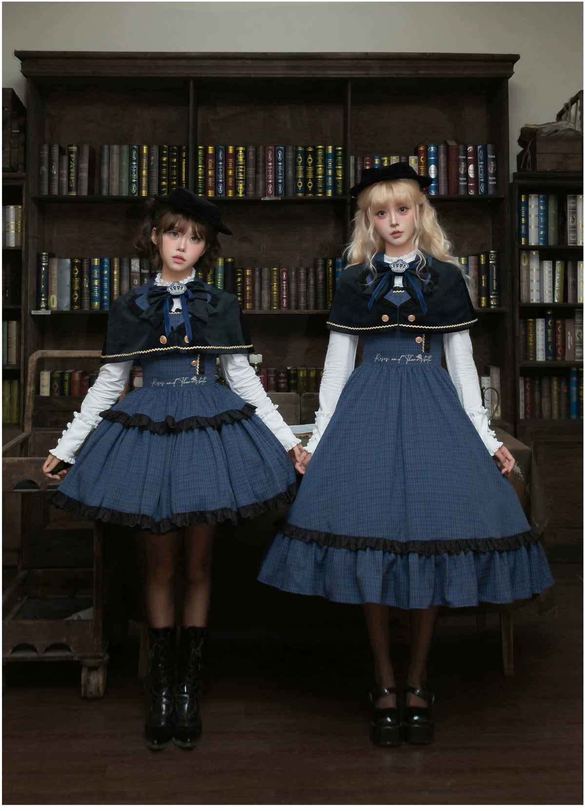Heide Diary - Classic Lolita Blouse & JSK Dress Set, Blue Plaid