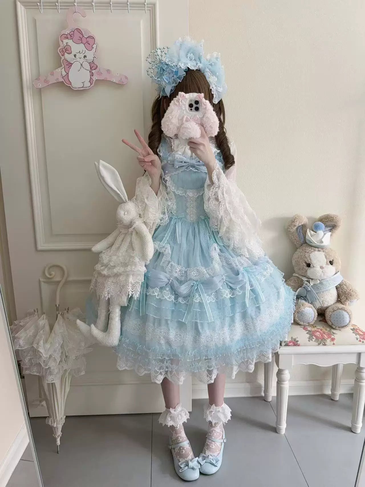 Sugar Knot - Sweet Lolita Chiffon JSK, Tiered Skirt, Doll-Like Blue JSK Only S