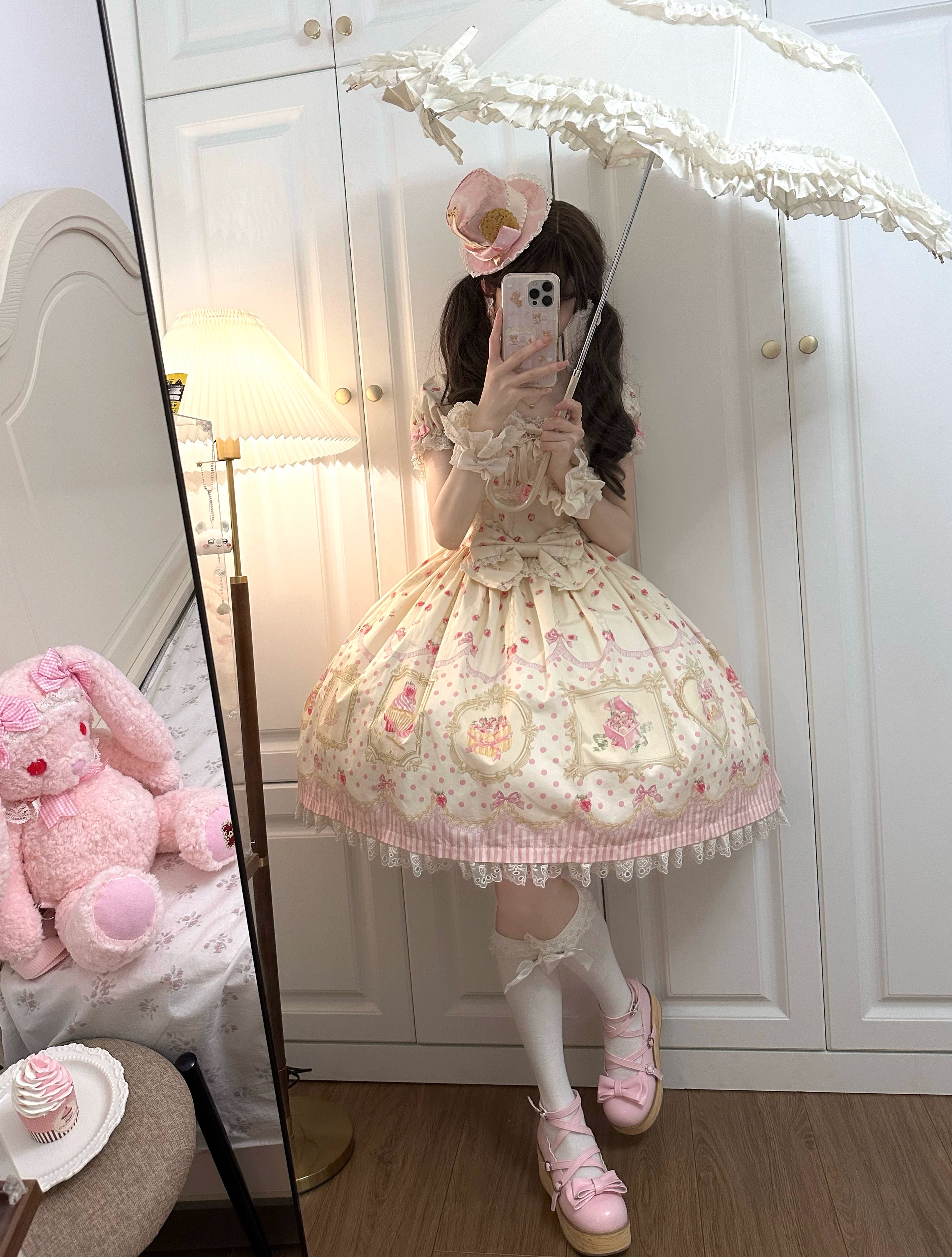 Pink Jade Strawberry - Sweet Lolita Strawberry Print JSK & OP Dress with Lace 45278:845305