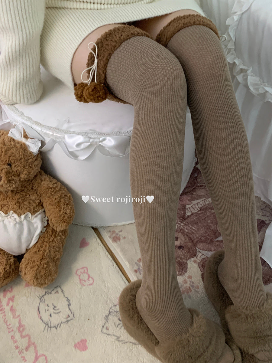 Roji Roji - Winter Fuzzy Ball Lolita Socks Over Knee Thick Socks One Size Brown (over-the-knee socks)-60cm