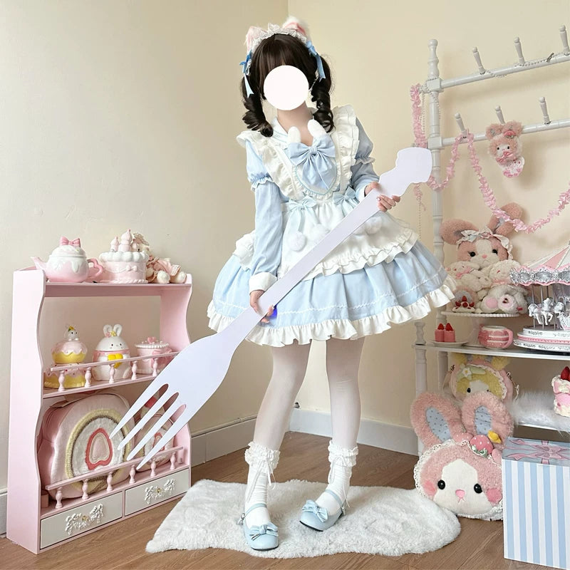 Sweet Bunny Pom-pom - Maid Lolita Bunny Ear Collar OP Dress, Detachable Apron