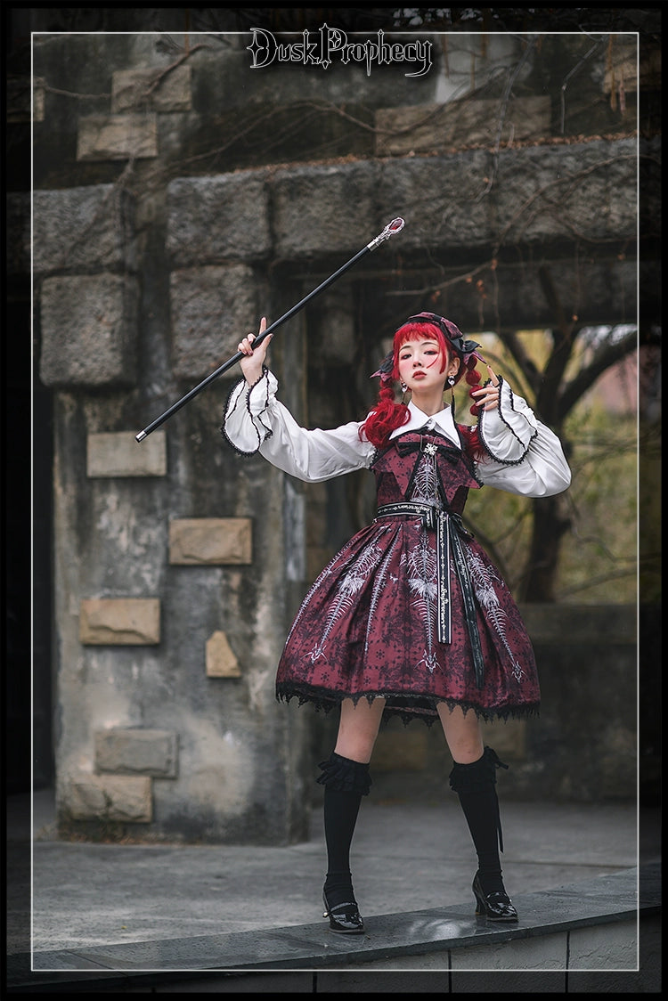 DuskProphecy - Coccyx - Elegant Lolita Dress High Waist Fishbone Print JSK Set 34722:466366