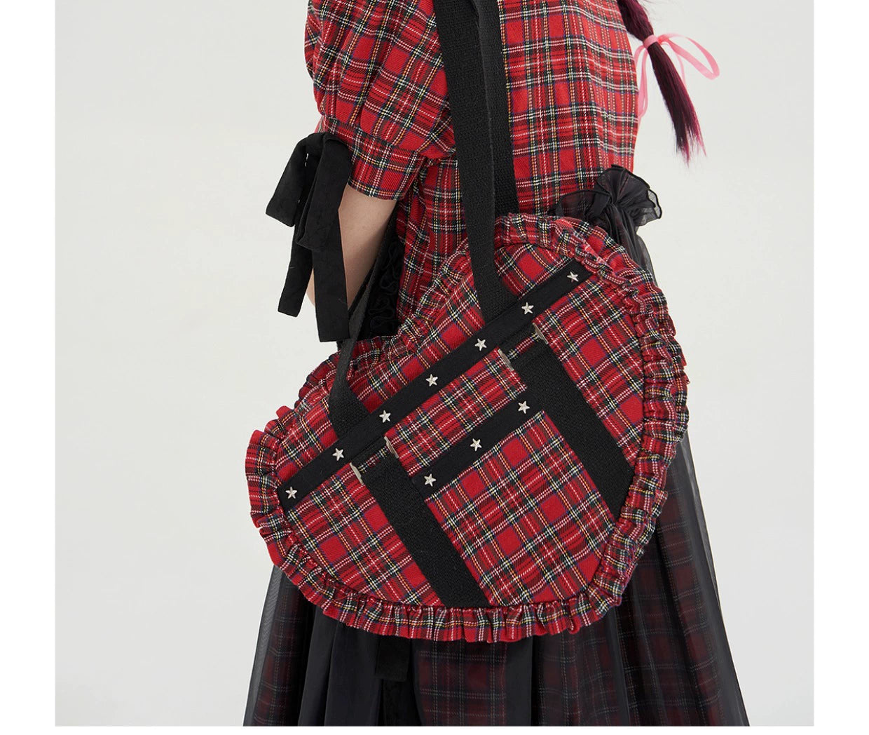 Soso Meme Club - Vintage Lolita Heart Shaped Plaid Dot Print JK Uniform Bag