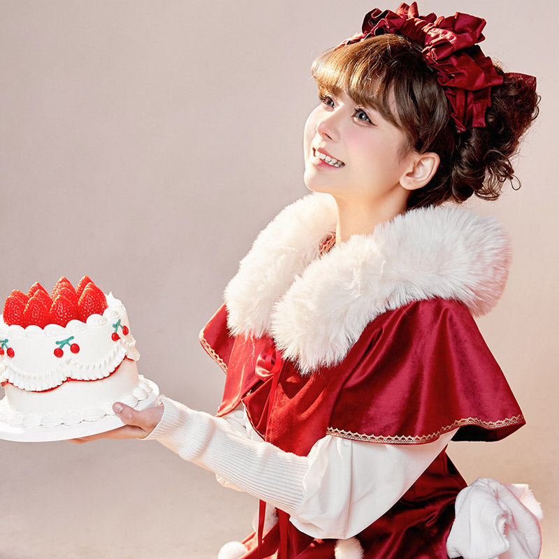 Daydream Whisper - Plus Size Cute Sweet Making Wish Lolita JSK S detachable fox fur collar cape-red