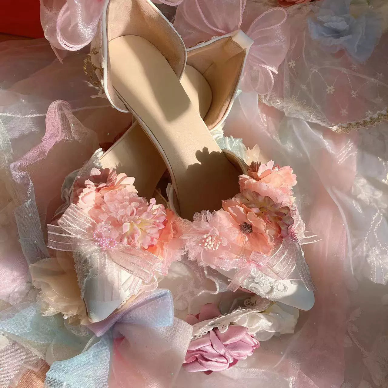 Sky Rabbit - Hanami Season - Wedding Lolita Heel Shoes with Floral Decoration Pink 34