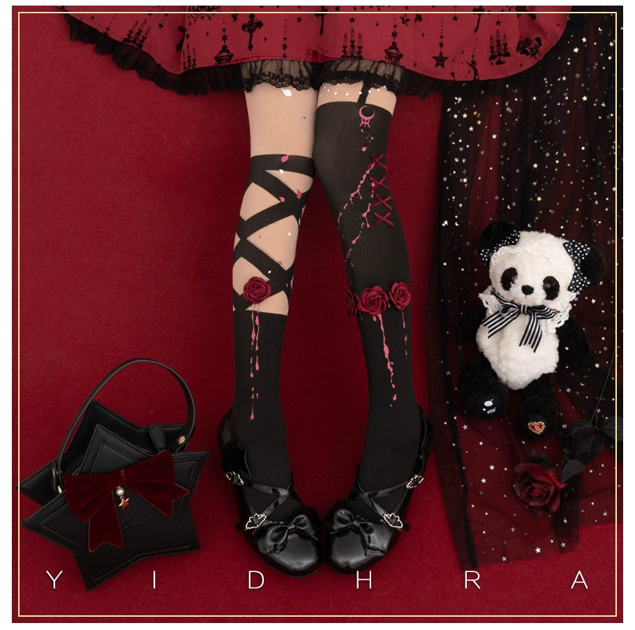 Yidhra~Fantasy Bride~Goth Lolita Pantyhose Rose Prints Pantyhoses One size fits all Black skin · Gorgeous style 