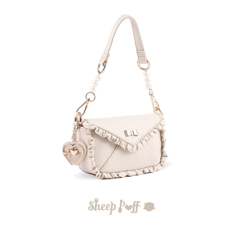Sheep Puff~Love Letter~Sweet Lolita Bow Solid Color Women's Bag beige small size  
