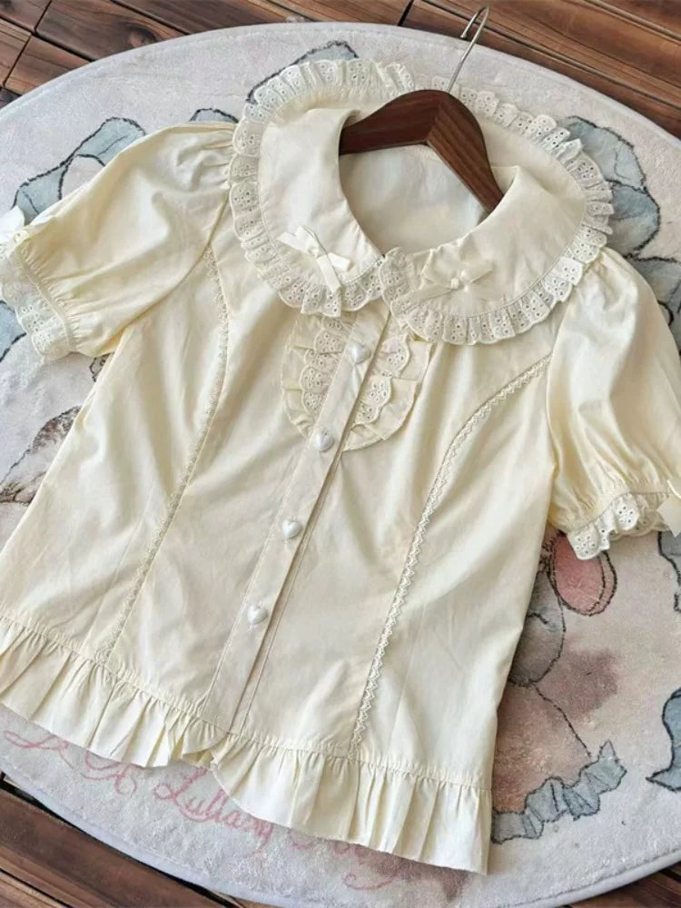 Cotton Sweet Lolita Peter Pan Collar Blouse, Heart Buttons 45814:863082