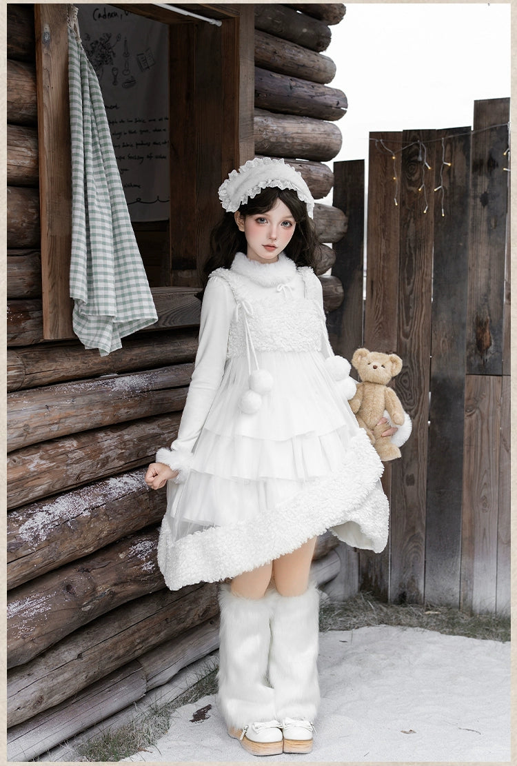 With PUJI - White Choco - Winter Kawaii Lolita JSK Dress Set, Fluffy Accents 44246:801068
