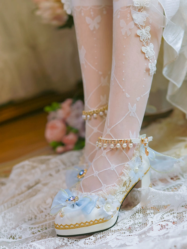 One Night - Gorgerous Bridal Lolita Shoes With 3 Heel Heights Light Blue (5-6cm heel/red sole) 34