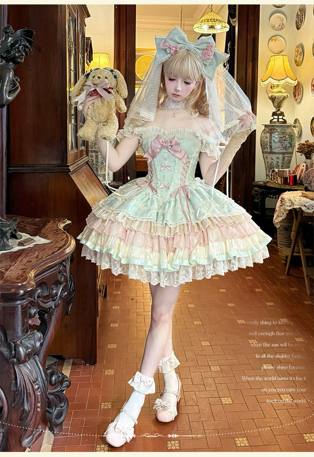 Lotus Crossing - Sweet Lolita Tiered Hem JSK Dress with Satin Bow 45302:844754