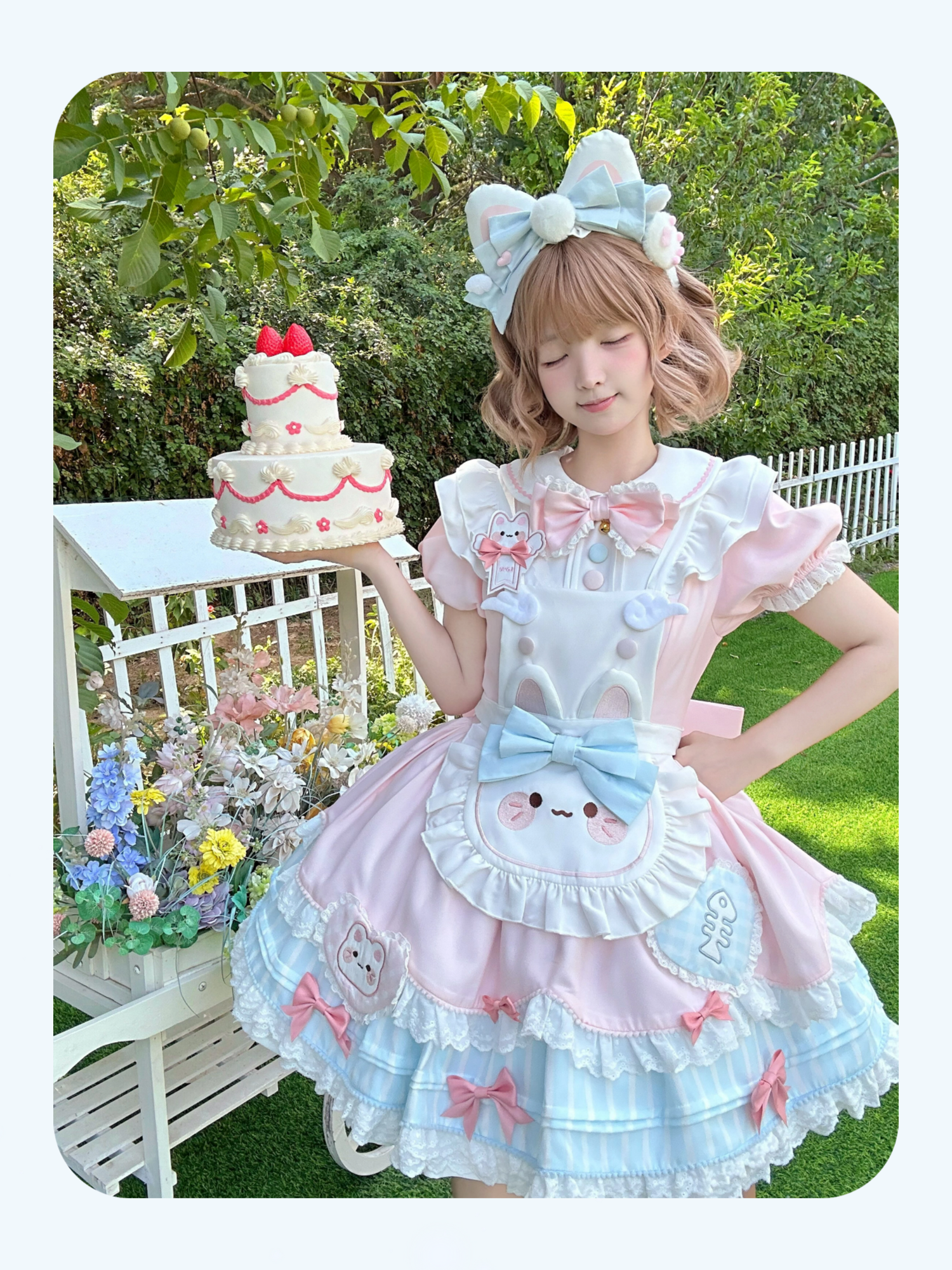 Jiuli Lolita - Nine Meow Bunny - Sweet Lolita Bunny Apron OP Dress, Back Zipper 44098:795714