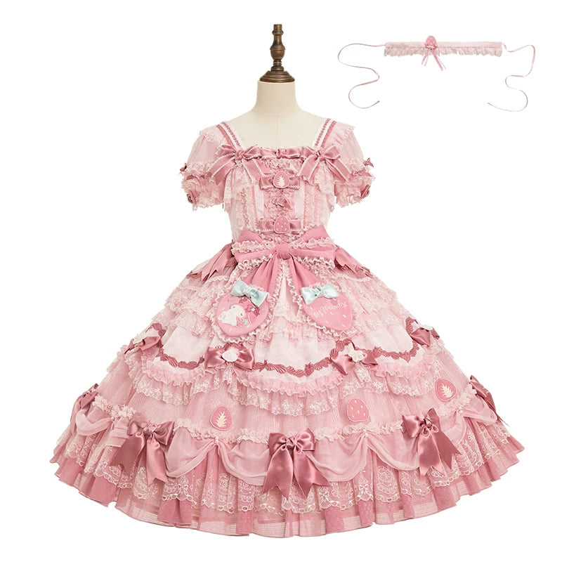 IP Collaboration Sweet Lolita Dress, Gorgeous OP & Slim JSK Pink - Gorgeous OP (with choker) XS